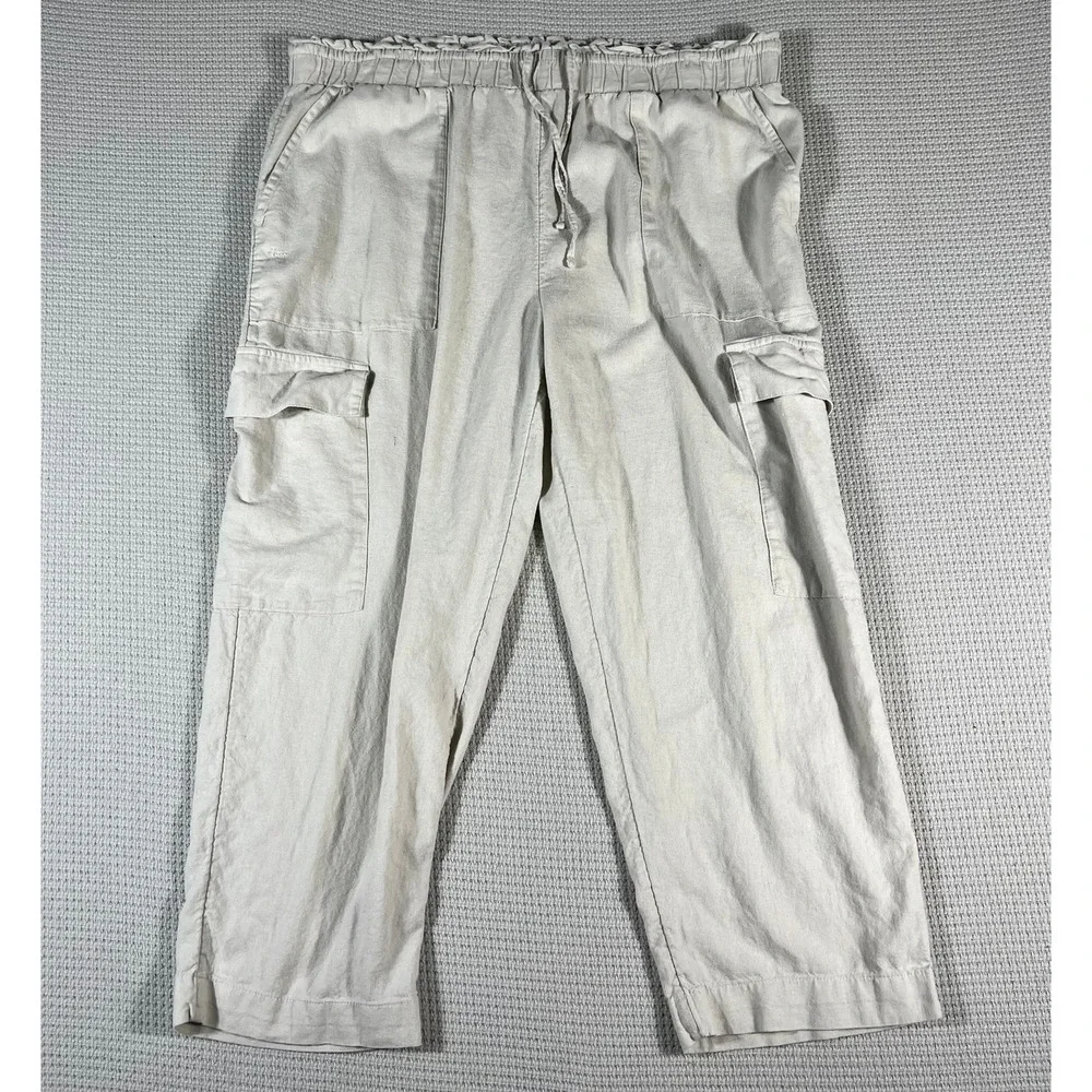 Time and Tru Womens Y2K Linen Blend Cargo Pants Beige Elastic Waist Size XL